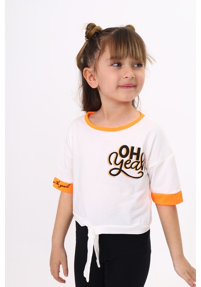 Toontoy Kids Toontoy Kız Çocuk Önü Bağlama Detaylı Baskılı Tişört Ekru