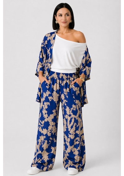 Trend Alisse Kadın Mavi Desenli Bol Paça Palazzo Alt Üst Kimono Takım