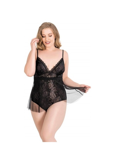 Majeur Büyük Beden Siyah Bodysuit Jakarlı Gecelik