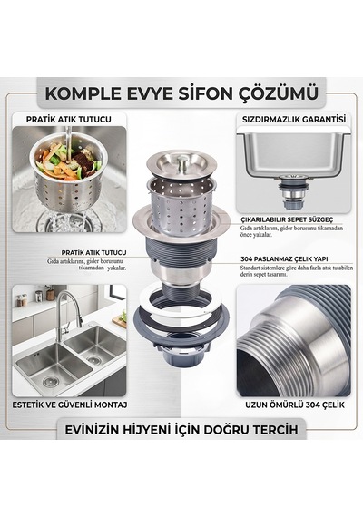 Derin Sepetli Büyük Mutfak Evye Lavabo Sifonu Paslanmaz Geniş Süzgeç Gider Borusu Gri