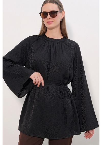 Bigdart Kadın Çizgili Bağcıklı Oversize Tunik 50009 - Siyah