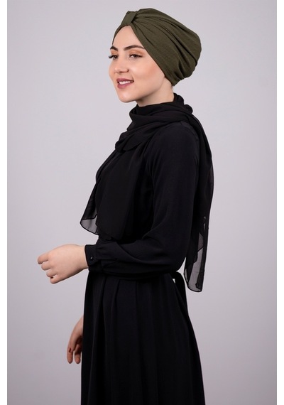Hürrem Bone Haki Pratik Hazır Geçmeli Tesettür Bone Petekli Büzgülü 1204E_09 Haki