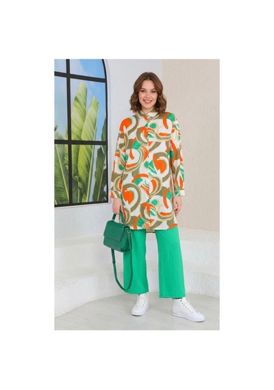 Polologin Butik Geometrik Desenli Gömlek Elbise Tunik Yeşil Turuncu Turuncu