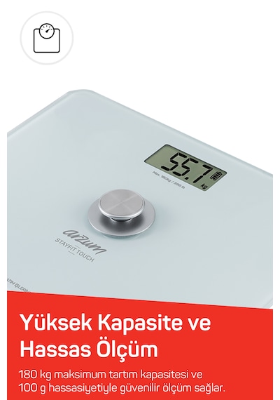 Arzum AR5126 Stayfit Touch Cam Beyaz Baskül, Pilsiz Kullanım, 180 Kg’a Kadar Ölçüm Kapasitesi, Beyaz