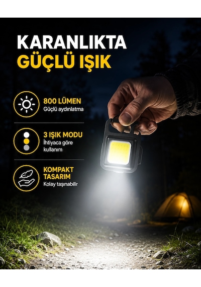 Şarjlı Cob Led Anahtarlık Fener - 4 Modlu, Manyetik Ve Katlanabilir Standlı Yeni Nesil Çok Renkli