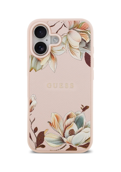 Apple Uyumlu iPhone 17 Kılıf Guess Lisanslı M-safeli Taneli Çiçek Tasarımlı Metal Yazı Logolu Kapak Pembe Pembe