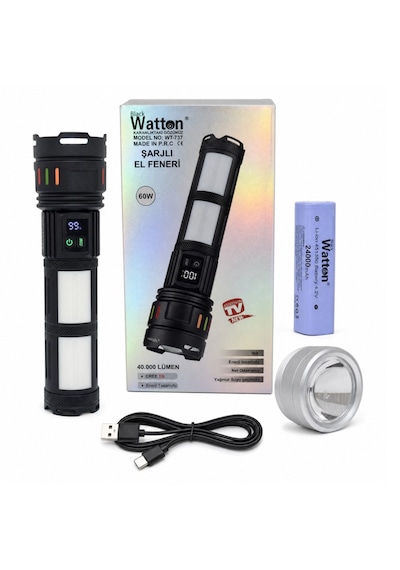 Watton Wt-737 60w Işık Gücü 40.000 Lümen Şarjlı El Feneri Siyah
