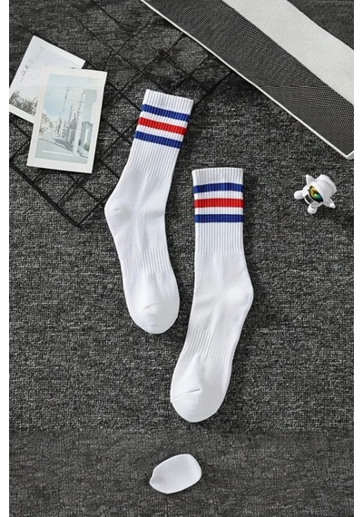 Hitit Socks Kadın 5 Çift Premium Kalite Yüksek Pamuklu Kolej Çorap Mavi Kırmızı Çizgili Asorti