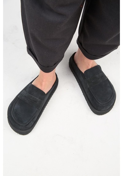 Manijero Ziva Kadın Hakiki Deri Loafer Platform Antrasit Terlik