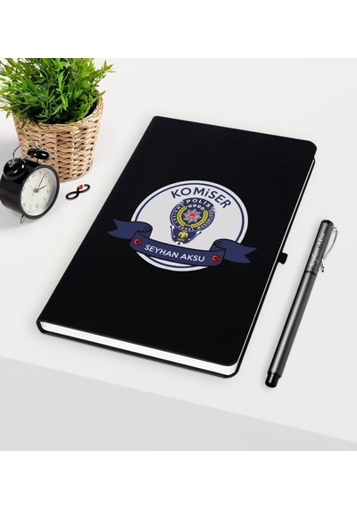 Kişiye Özel Komiser Temalı Siyah Defter Kalem Seti - 1 Siyah