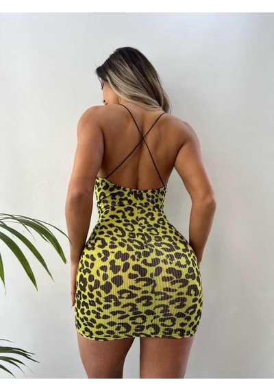 Pink Life Sarı Leopar Simli Kumaş Sırt Dekolte Detaylı Mini