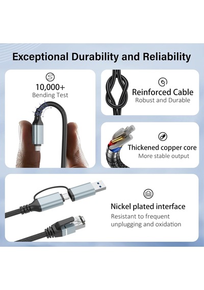Usb C - Ethernet Kablosu 10 Ft, Tip C - Rj45 Lan Kablosu, Gigabit Ağ İnternet Adaptörü, Doğrudan Bağlı, Thunderbolt 4/3 Macbook Air/pro, Xps, İphone 15 Serisi, Galaxy S24 İle Uyumlu