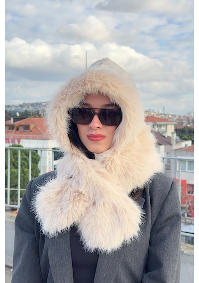 Mollycrush Peluş Boyun Bağlamalı Şapka Bere Suni Kürklü Bej Özel Tasarım Atkılı Kadın Şapkası Bej