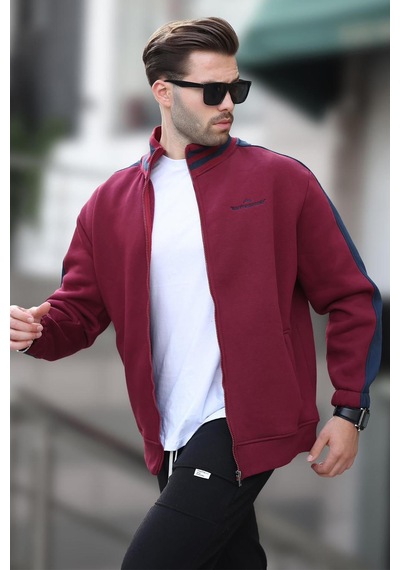 Madmext Bordo Yarım Balıkçı Yaka Fermuarlı Baskılı Erkek Hırka 7081 Bordo