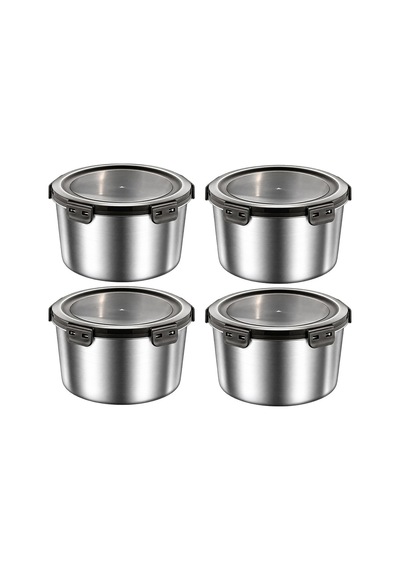 4 Adet 304 Çelik 600 Ml Yuvarlak Yemek Meyve Et Buzdolabı Beslenme Saklama Kabı Mt324-4 Gri