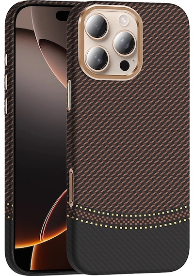 Apple Uyumlu iPad iPhone 16 Pro Max Kılıf M-safe Şarj Özellikli Karbon Fiber Görünümlü Zore Gros Kapak Gold-Siyah