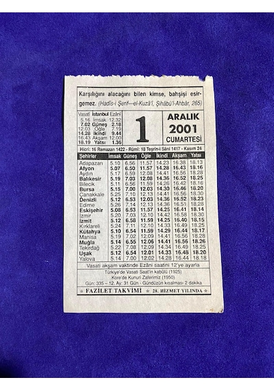 1 Aralık 2001 Takvim Yaprağı - Nostalji Koleksiyonluk Takvim Yaprağı C
