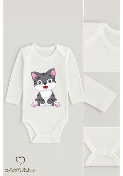 Babyden's Sevimli Hayvan Figürlü %100 Pamuk Uzun Kollu Çıtçıtlı Bebek Body Kedi Beyaz
