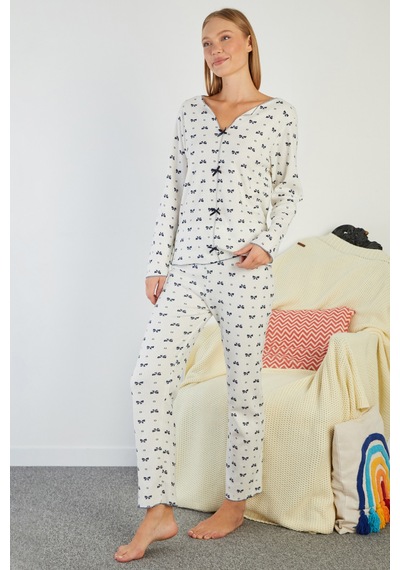 Fullamoda Fiyonk Desenli V Yaka Pijama Takımı Lacivert