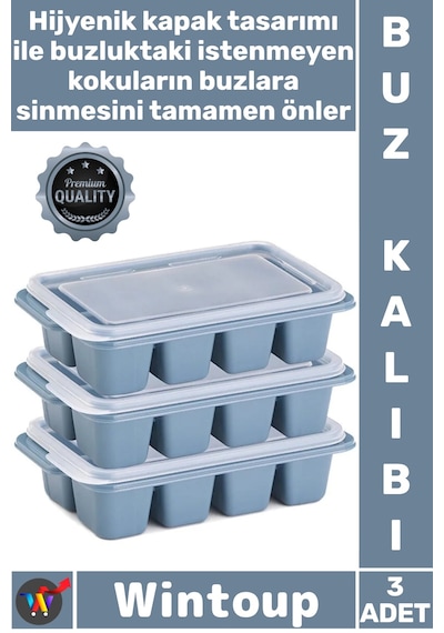 Buz Mutfak Hijyenik İstiflenebilir Pratik Buzluk Küp Şekilli Kapaklı Plastik 3'lü Mini Buz Kalıbı Çok Renkli