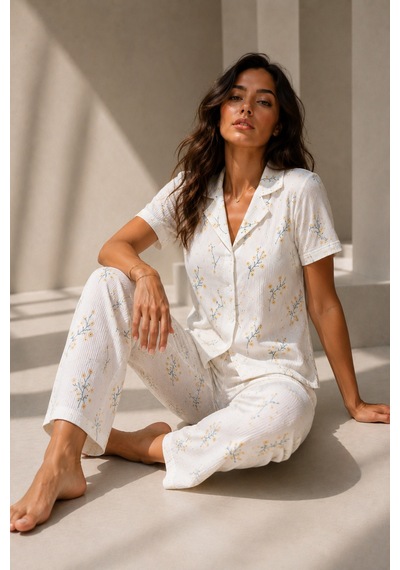 Kadın Klasik Doğal Düğme Gece Çok Renkli Pijama Takımı