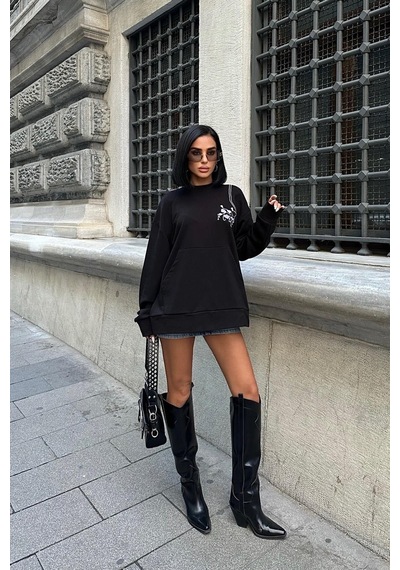 Kadın Siyah Dokuma Oversize Uzun Kollu Sweatshirt Siyah