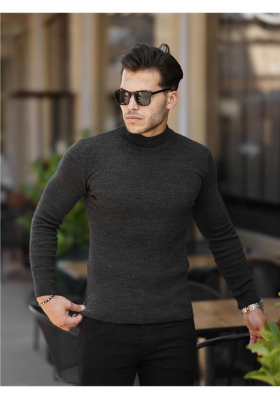 Füme Erkek Slim Fit Yarım Balıkçı Fitilli Triko Kazak-trz19158r02s Füme