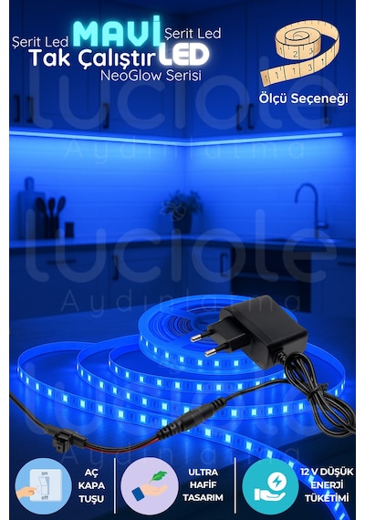 3 Metre Neoglow Led Işık Bandı 12v Prizli 60 Çipli Mavi Aydınlatma Şeridi Tak Çalıştır Led Seti