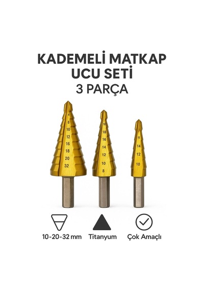 Merttools Kademeli Matkap Ucu Seti 3 Parça Profesyonel Delme Ve Genişletme Uçları Yeni Model