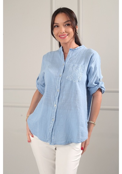 By Saygı Kadın Pul Detaylı Tek Cepli Oversize İthal Keten Gömlek Mavi