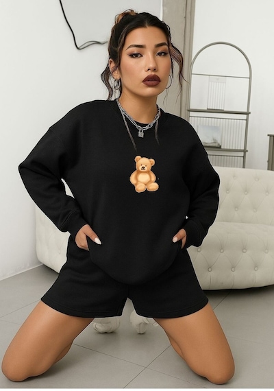Benroma 3 İplik Penye Ayıcık Baskılı Unisex Sweatshırt SIYAH
