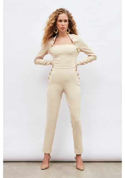 Sateen Düğme Detaylı Pantolon - Bej