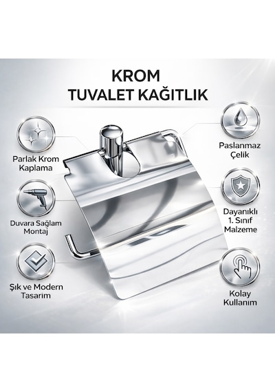 Krom Kısa Kapaklı Tuvalet Kağıtlığı Wc Kağıtlık Tuvalet Kağıdı Askısı Krom
