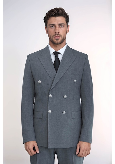 Gümüş Renk Metal Düğmeli Slim Fit Kruvaze Antrasit Erkek Takım Elbise Wessi Gri