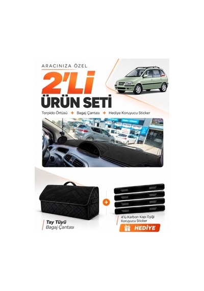 E-biz Hyundai Matrix 2001-2010 Uyumlu Torpido Örtüsü + Tay Tüyü Bagaj Çantası Seti - Siyah - Hu024