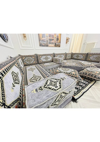Şark Köşesi Minder Takımı Yıkanabilir Fermuarlı Sert Çökmeyen Süngerli Gri