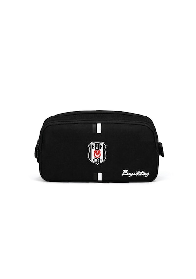 Beşiktaş Lisanslı Kanvas Kalemlik - Siyah Beyaz Çizgili 2 Bölmeli Kalem Çantası