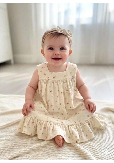 Baby Kız Bebek Rose Dream Theme Müslin Elbise Krem 55086 Krem