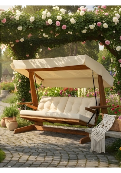 Viva 2400 4 Kişilik Ahşap Bahçe Salıncağı, Balkon ve Teras Salıncağı, Kanepe Özellikli/Krem