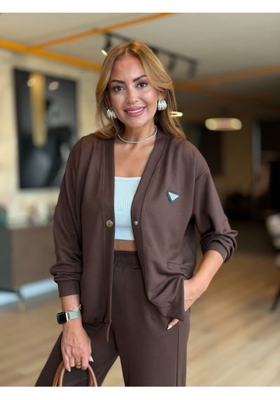 Butik İstanbul Kadın Modal Kumaş Arma Detay Hırka Pantolon Ikili Takım Kahverengi