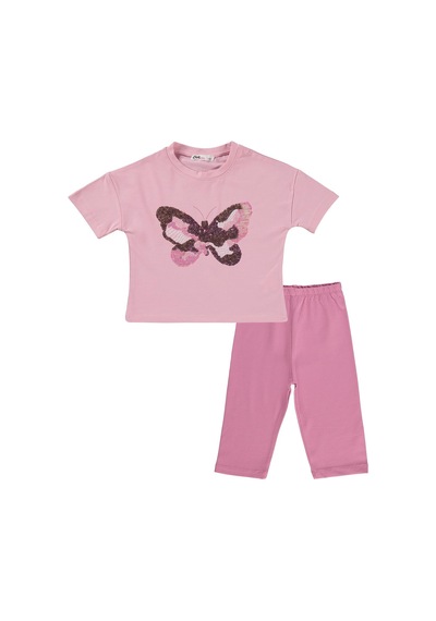 Civil Girls Kelebek Nakışlı 2-5 Yaş Takım - Pembe Pembe- Soft Pembe