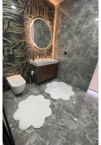 2'li Papatya Banyo Paspası Takımı Kaymaz Taban Yıkanabilir Peluş Pofuduk Post 80x80 - 100x100 Beyaz Beyaz