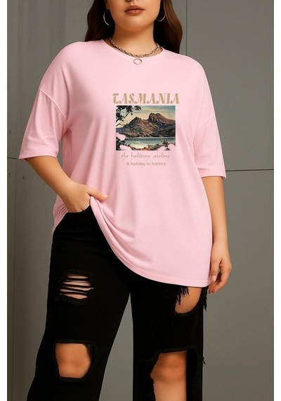 Büyük Beden Tasmania Baskılı Unisex Tişört Pembe