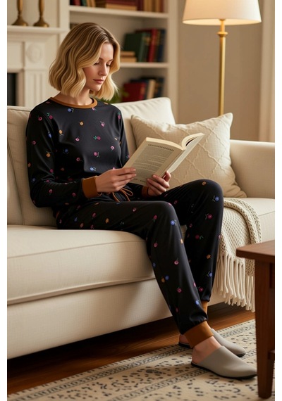 Benerly Kadın Bisiklet Yaka Standart Kol Çiçekli Örme Pijama Takımı Fonks Siyah