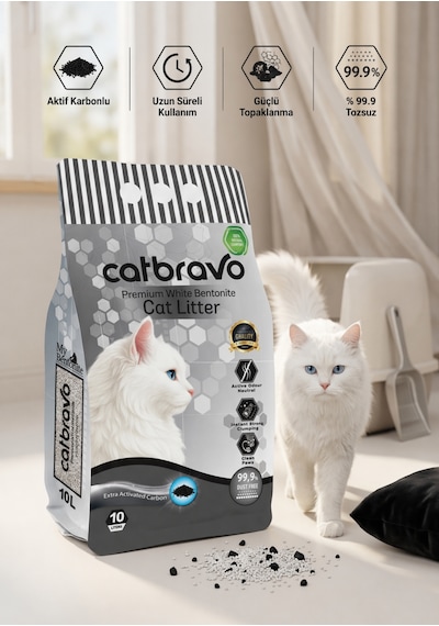 Catbravo Doğal Bentonite- Süper Topaklanan Aktif Karbonlu Kedi Kumu 10 Lt