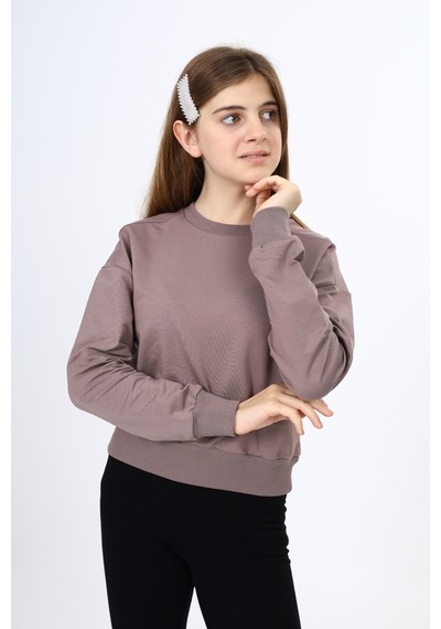 Toontoy Kız Çocuk Relax Fit Bisiklet Yaka Düşük Omuz Sweatshirt - 2 İplik Kahve