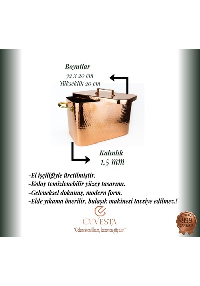 Cuvesta El Yapımı Modern Kalın 1.5mm Bakır Fırın Kazanı 32 20cm