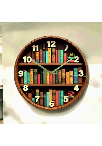 AA Shop Kitap Raf Kütüphane Renkli Baskı Desenli Sayılı Hediyelik Ahşap Sessiz Tablo Duvar Saati 636 Çok Renkli