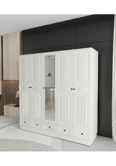 Nil 5 Kapaklı Çekmeceli Bazalı Gardırop - Tamamı Mdf Beyaz