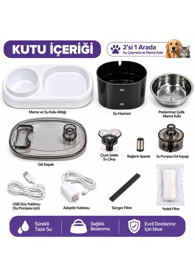 Kedi Köpek İçin 2'si 1 Arada Öşft Otomatik Su Sebili 1.8 Litre Ve Mama Kabı Besleme Seti Su Çeşmesi Sürekli Taze Su Evcil Hayvan